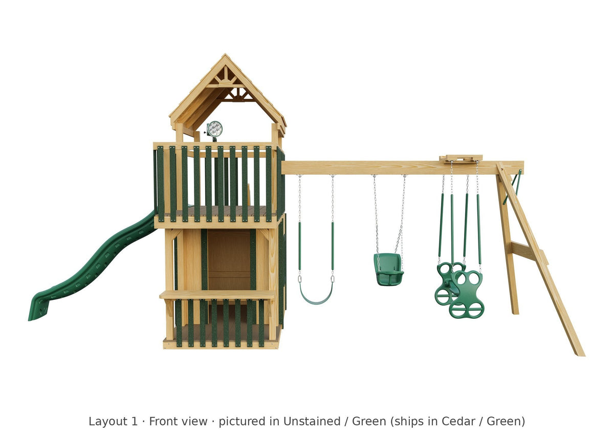 Amish Trading Post Wooden Swing Set & Playset Kit – Layout 1, front view (shown in Unstained with Green accents)