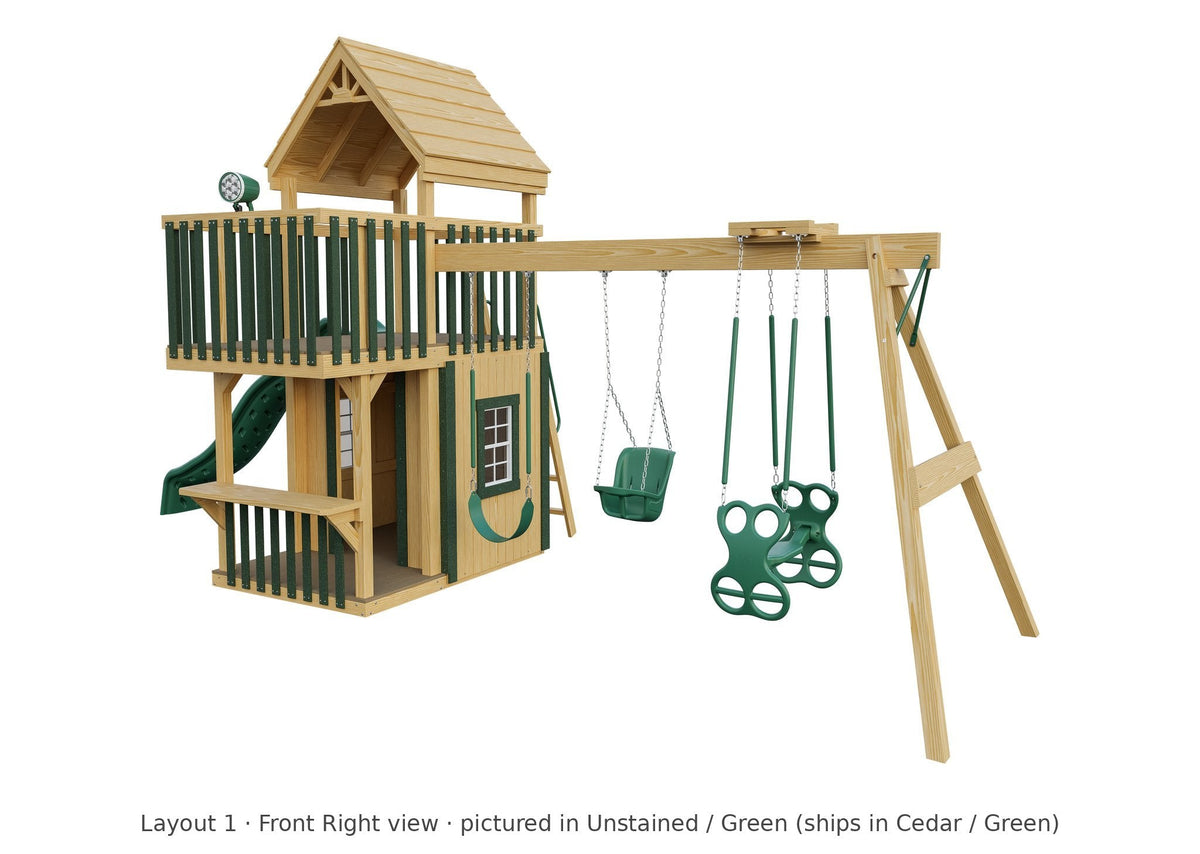Amish Trading Post Wooden Swing Set & Playset Kit – Layout 1, front right view (shown in Unstained with Green accents)
