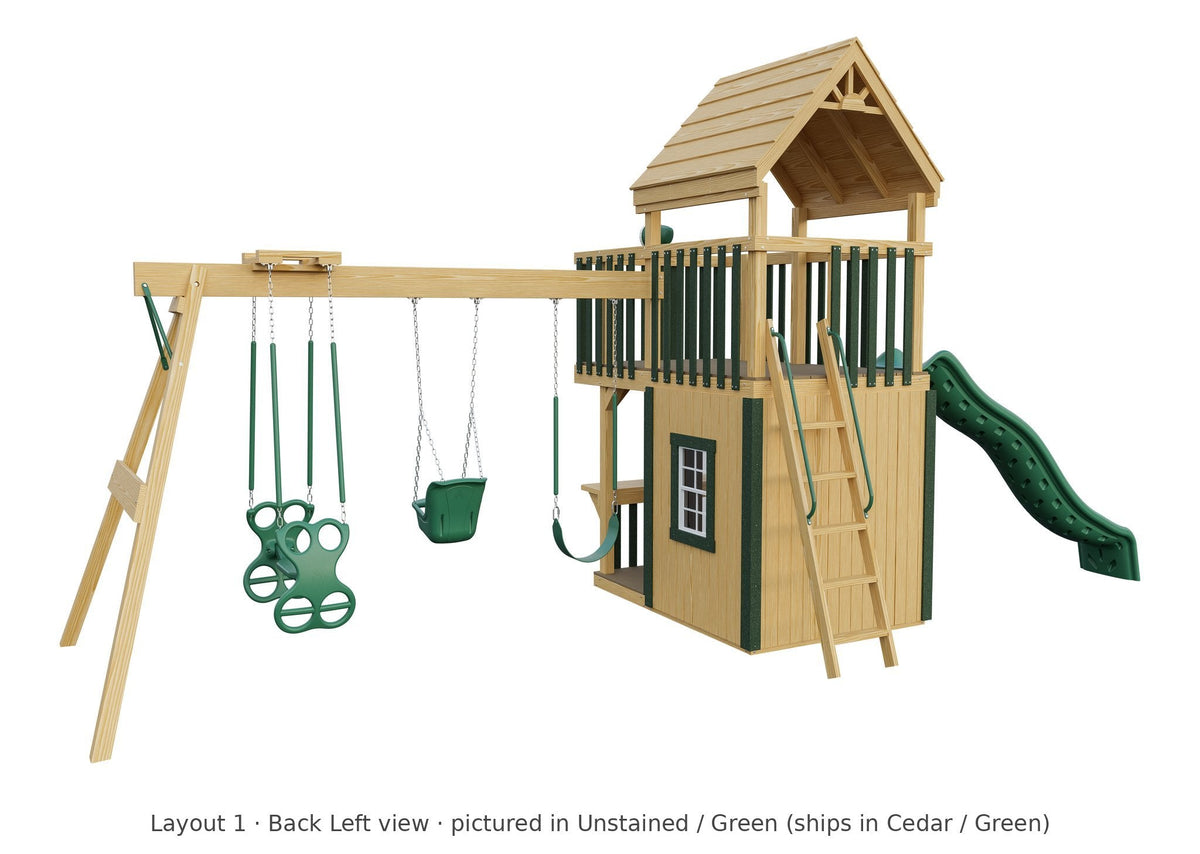 Amish Trading Post Wooden Swing Set & Playset Kit – Layout 1, back left view (shown in Unstained with Green accents)