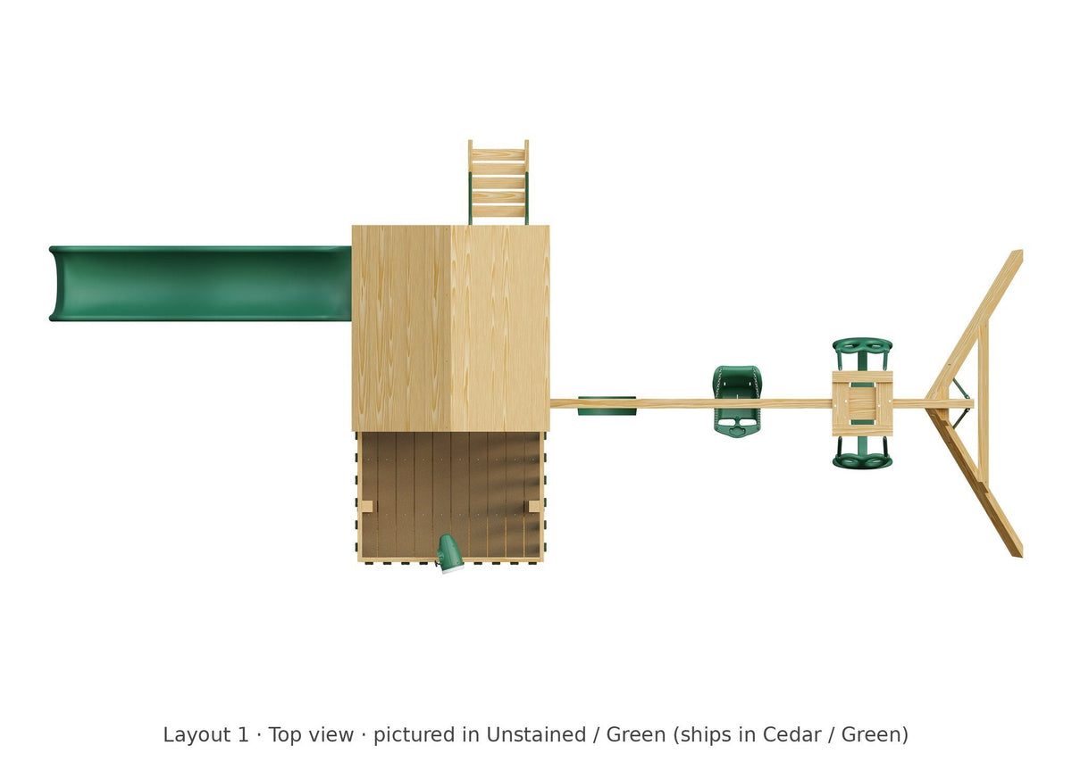 Amish Trading Post Wooden Swing Set & Playset Kit – Layout 1, top view (shown in Unstained with Green accents)