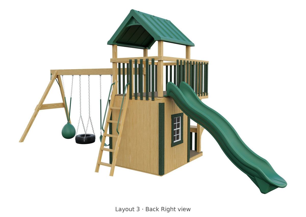 Amish Trading Post Wooden Swing Set & Playset Kit – Layout 3, back right view