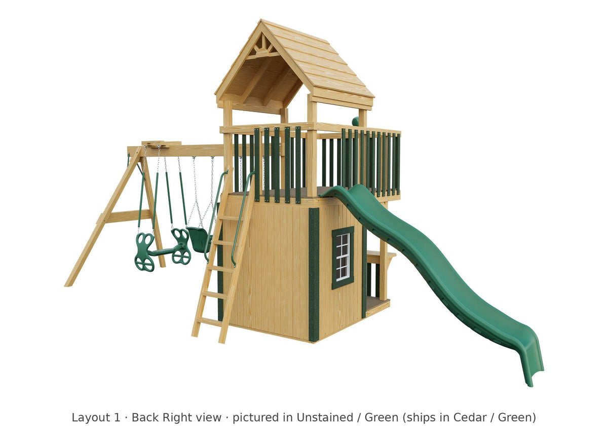 Amish Trading Post Wooden Swing Set & Playset Kit – Layout 1, back right view (shown in Unstained with Green accents)
