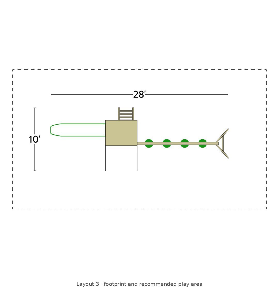 Amish Trading Post Wooden Swing Set & Playset Kit – Layout 3 footprint and recommended play area diagram