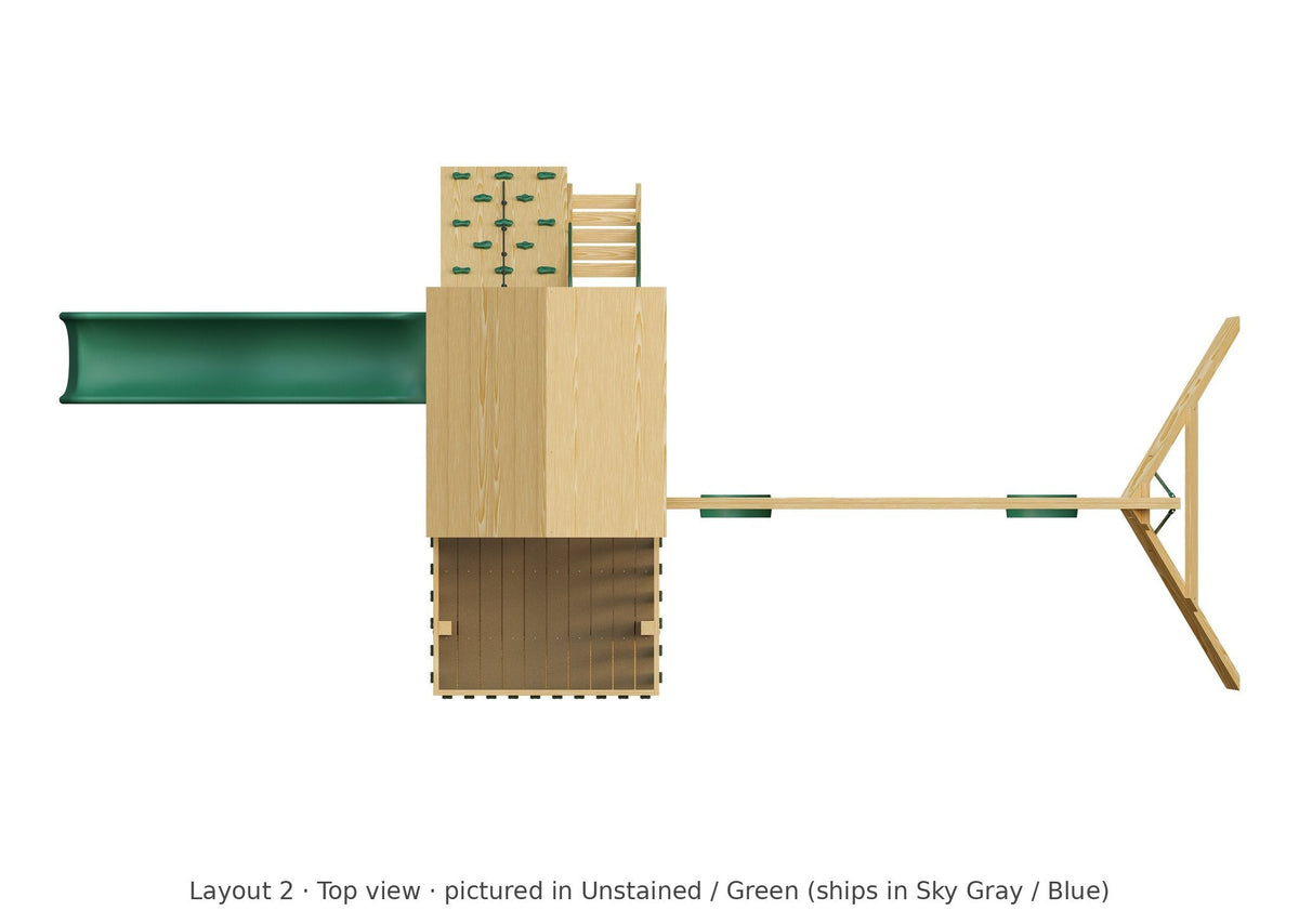 Amish Trading Post Wooden Swing Set & Playset Kit – Layout 2, top view (shown in Unstained with Green accents)
