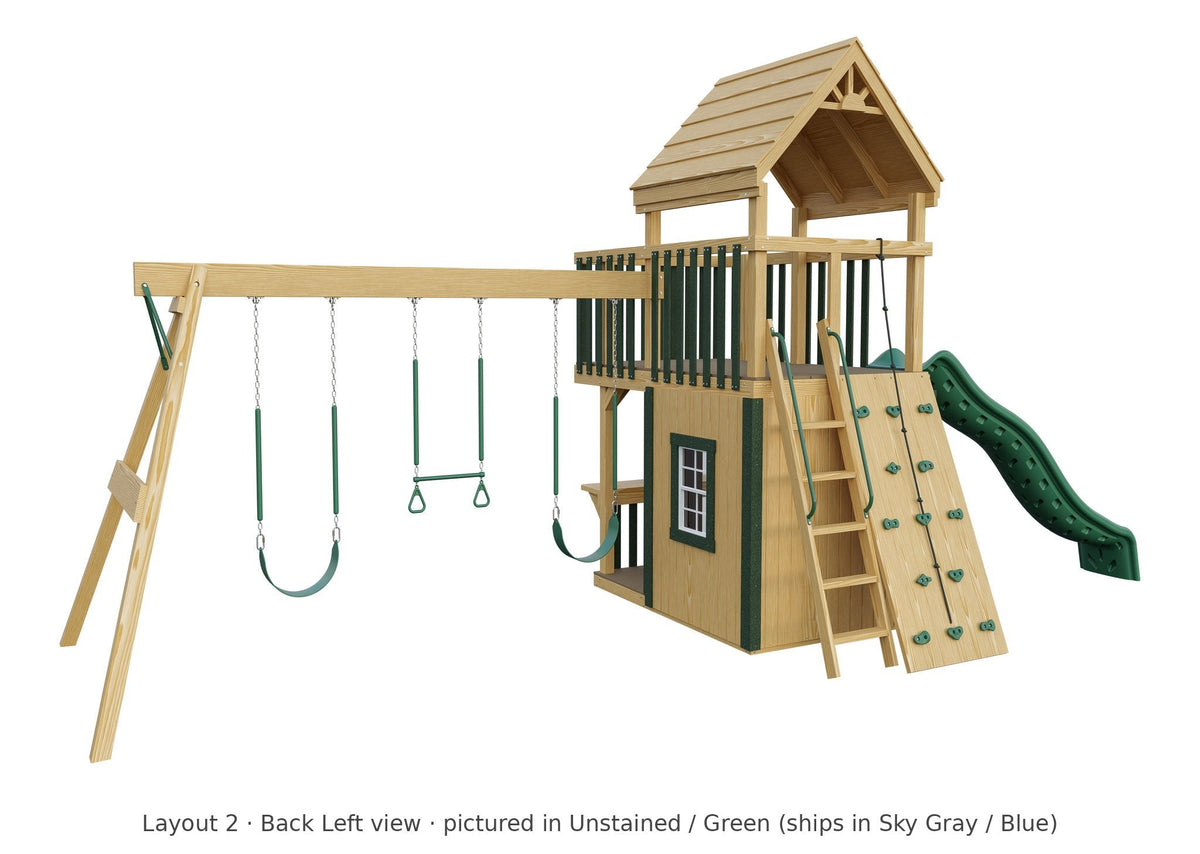 Amish Trading Post Wooden Swing Set & Playset Kit – Layout 2, back left view (shown in Unstained with Green accents)