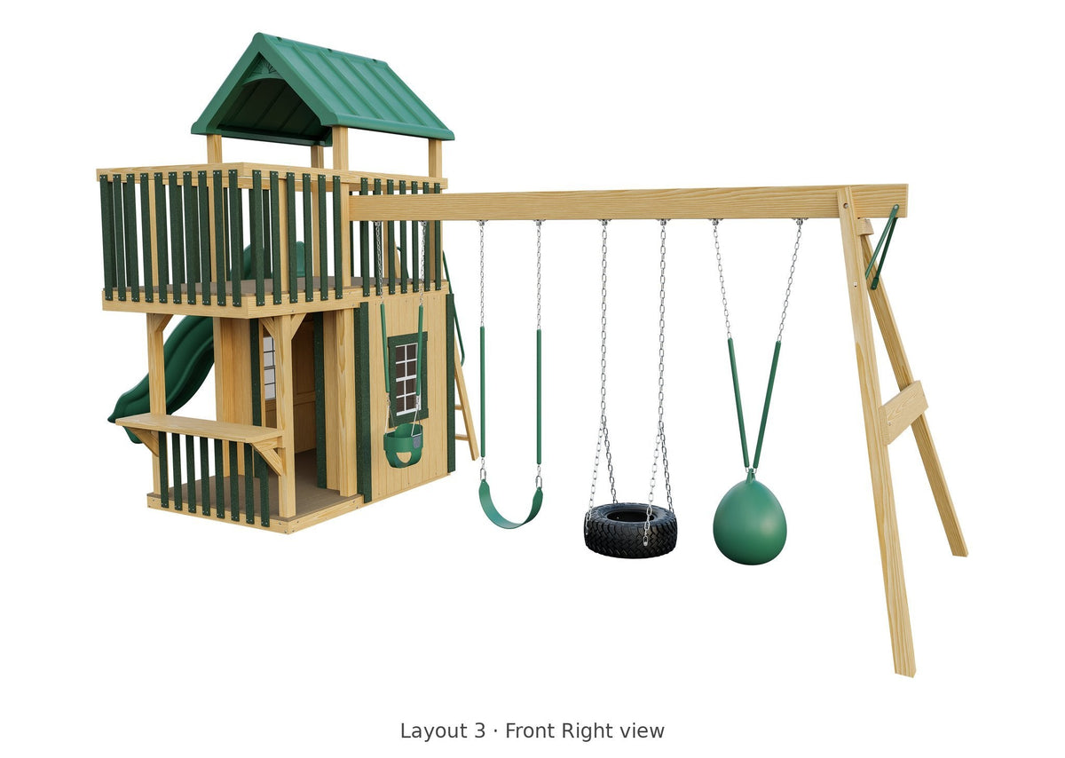 Amish Trading Post Wooden Swing Set & Playset Kit – Layout 3, front right view