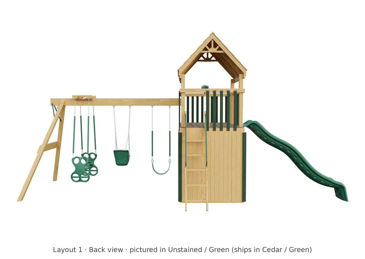 Amish Trading Post Wooden Swing Set & Playset Kit – Layout 1, back view (shown in Unstained with Green accents)