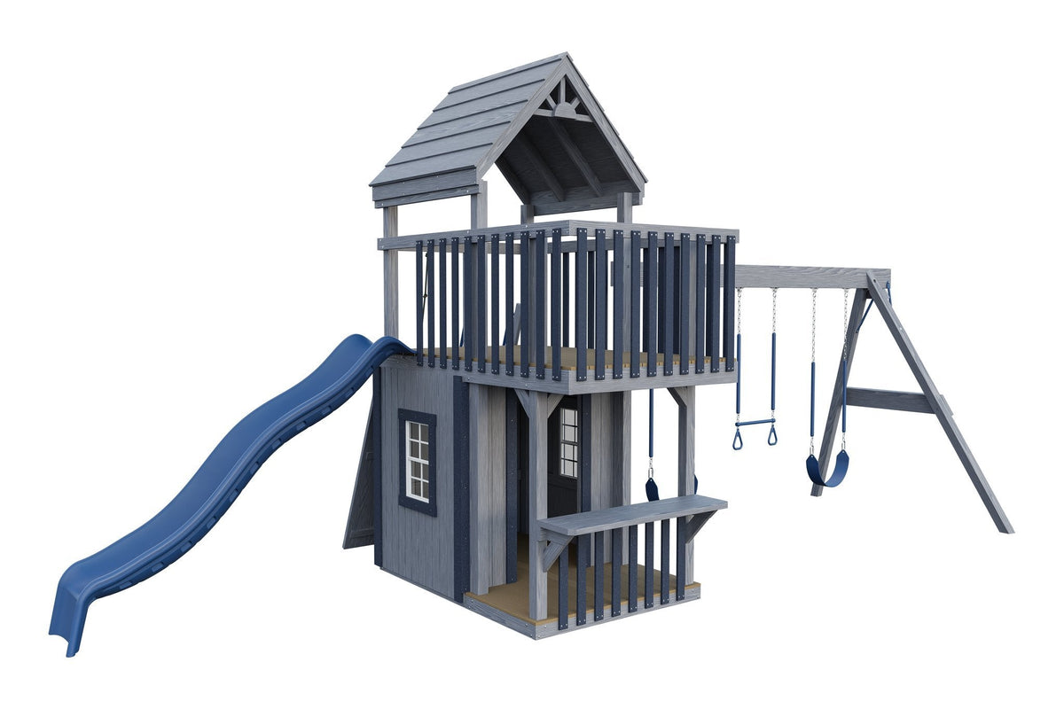 Amish Trading Post Wooden Swing Set & Playset Kit – Layout 2, Sky Gray with Blue accents