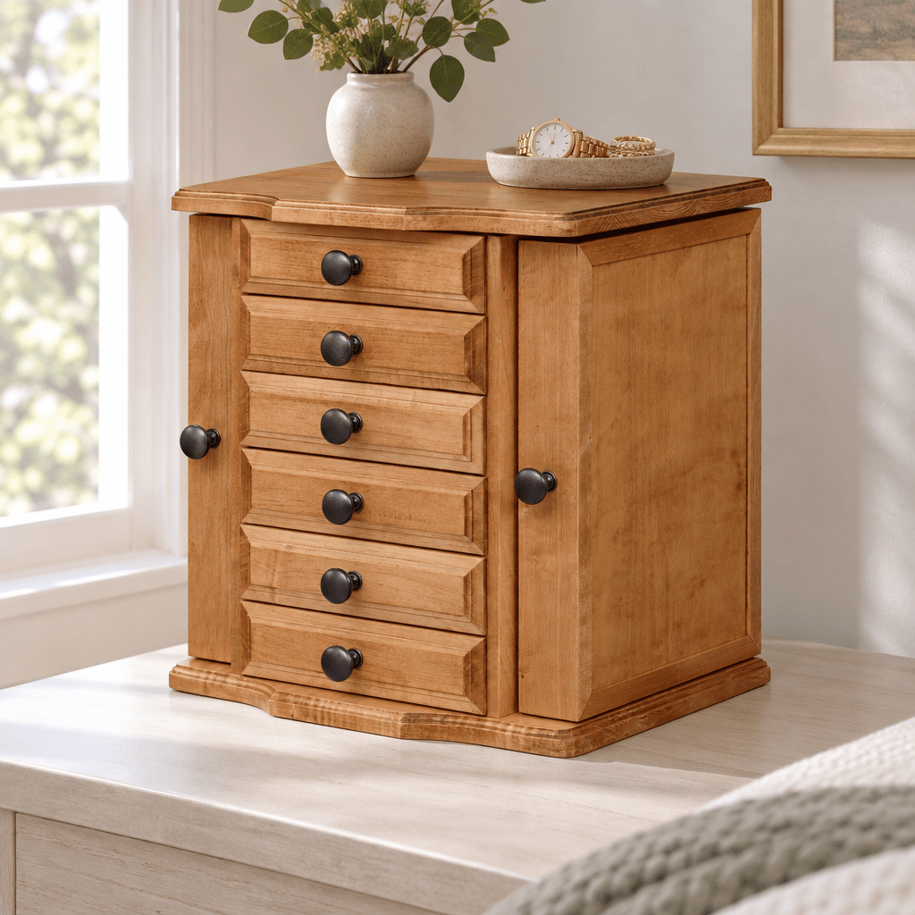 Amish Traditional Solid Wood 5-Drawer Jewelry Chest shown in the bedroom of a transitional home