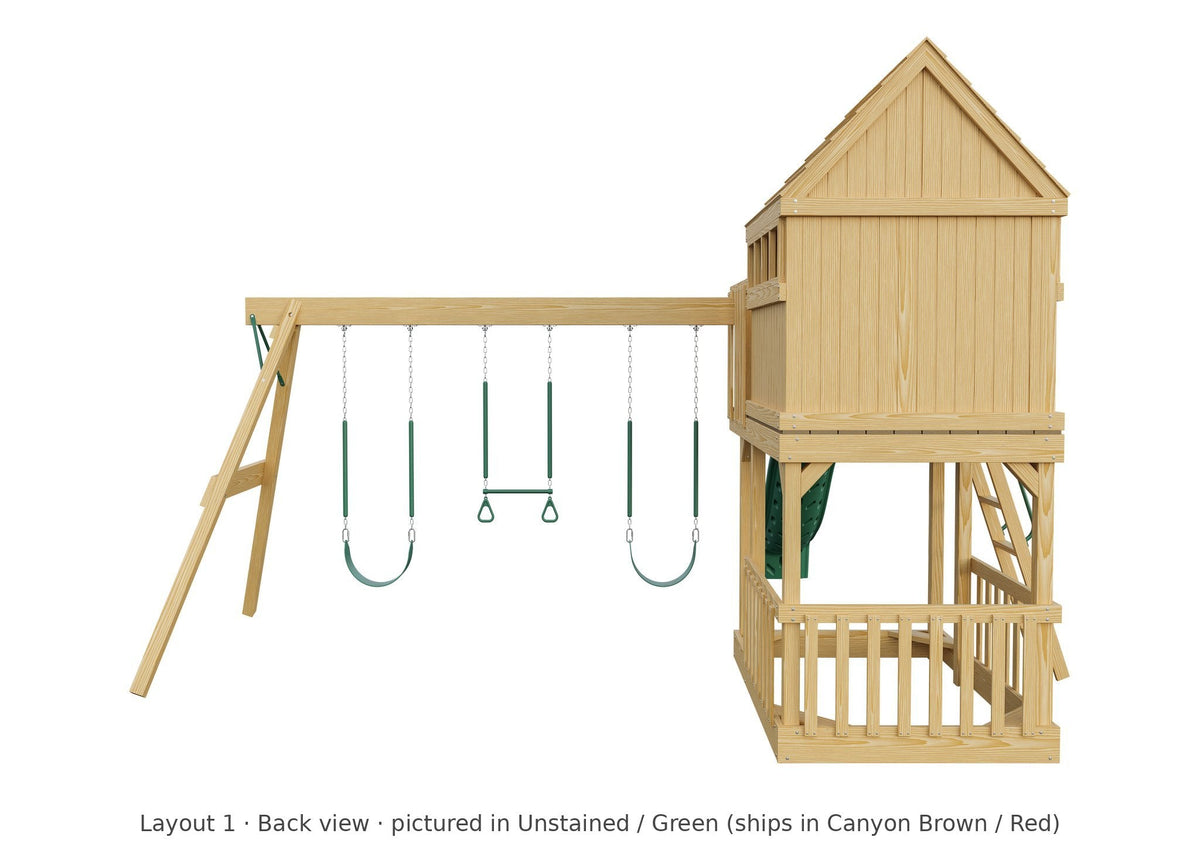 Amish Tree House Wooden Swing Set & Playset Kit – Layout 1, back view (shown in Unstained with Green accents)