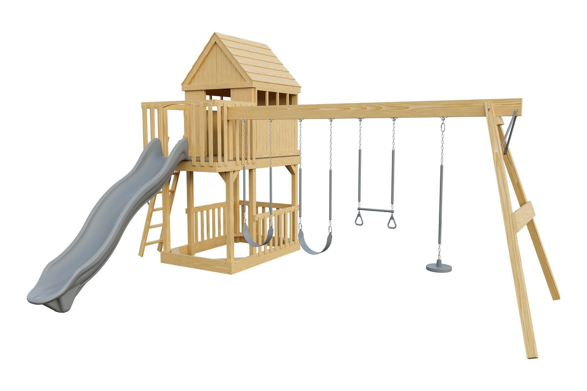 Amish Tree House Wooden Swing Set & Playset Kit – Layout 2, Sky Gray with Blue accents