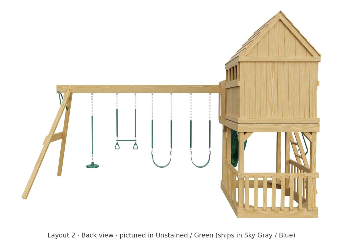 Amish Tree House Wooden Swing Set & Playset Kit – Layout 2, back view (shown in Unstained with Green accents)