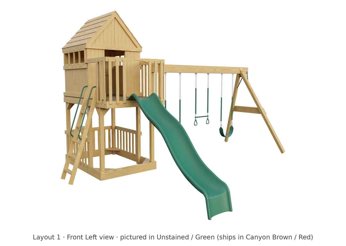 Amish Tree House Wooden Swing Set & Playset Kit – Layout 1, front left view (shown in Unstained with Green accents)