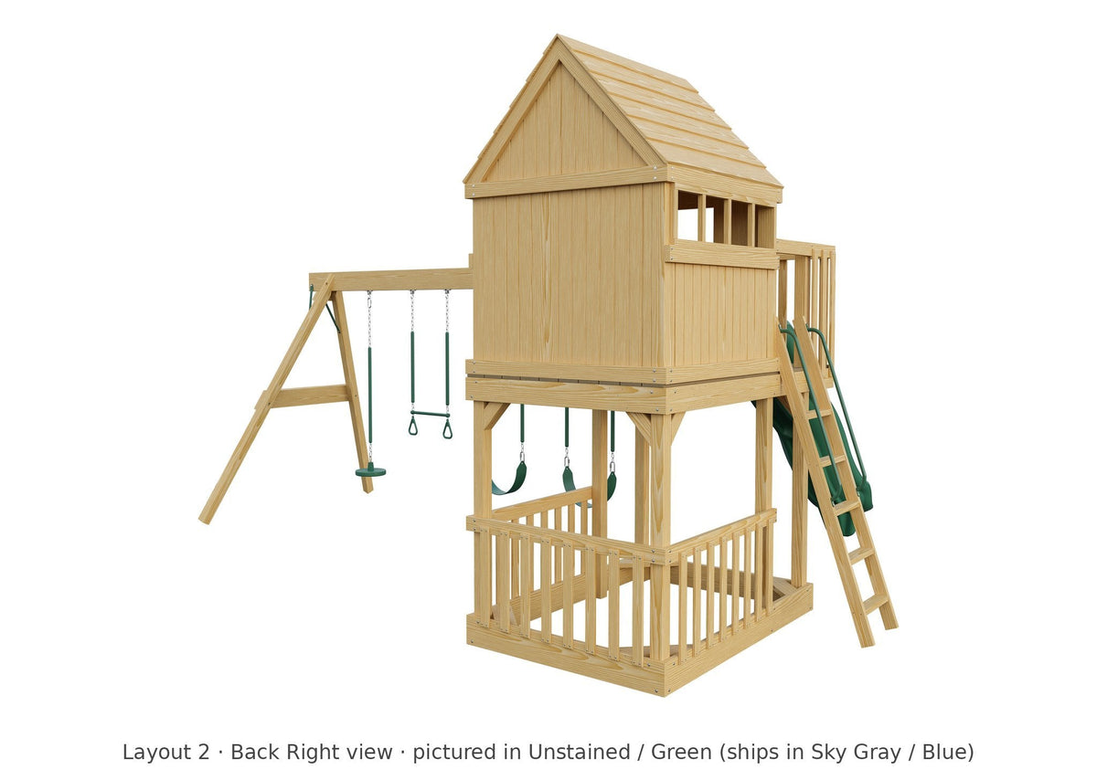 Amish Tree House Wooden Swing Set & Playset Kit – Layout 2, back right view (shown in Unstained with Green accents)