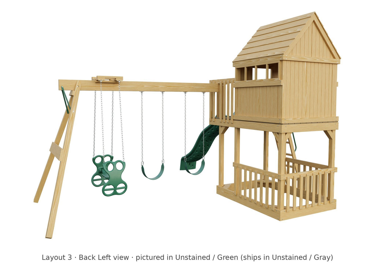 Amish Tree House Wooden Swing Set & Playset Kit – Layout 3, back left view (shown in Unstained with Green accents)