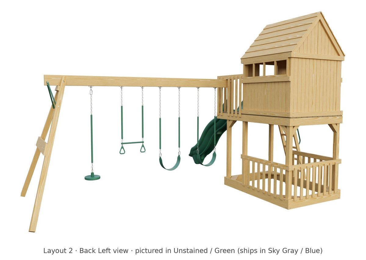 Amish Tree House Wooden Swing Set & Playset Kit – Layout 2, back left view (shown in Unstained with Green accents)