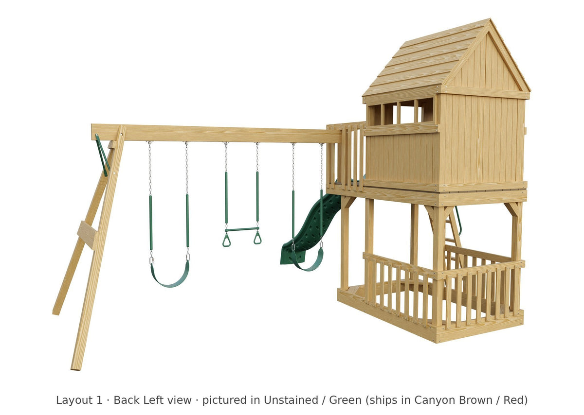 Amish Tree House Wooden Swing Set & Playset Kit – Layout 1, back left view (shown in Unstained with Green accents)