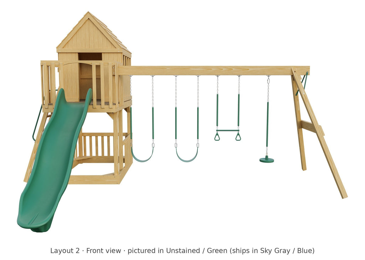 Amish Tree House Wooden Swing Set & Playset Kit – Layout 2, front view (shown in Unstained with Green accents)