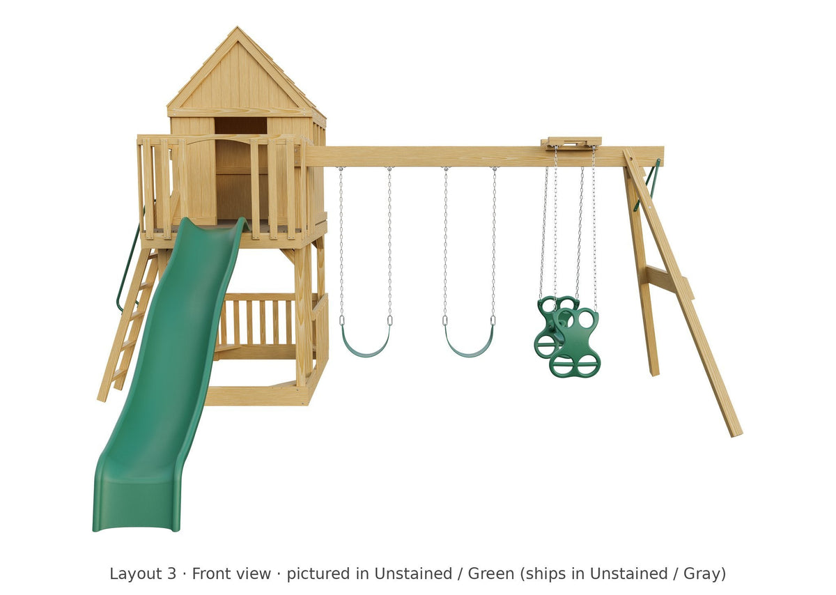 Amish Tree House Wooden Swing Set & Playset Kit – Layout 3, front view (shown in Unstained with Green accents)