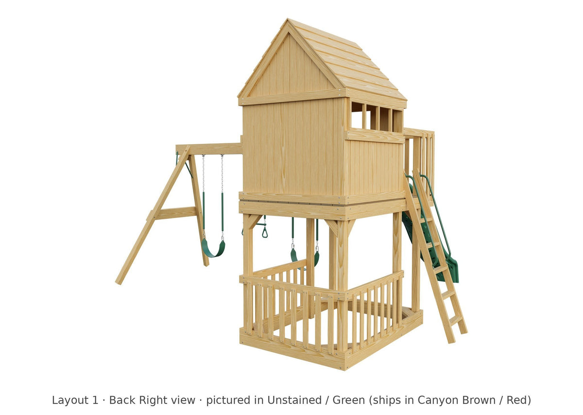 Amish Tree House Wooden Swing Set & Playset Kit – Layout 1, back right view (shown in Unstained with Green accents)
