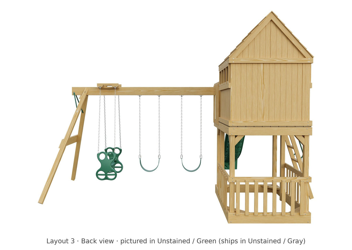 Amish Tree House Wooden Swing Set & Playset Kit – Layout 3, back view (shown in Unstained with Green accents)