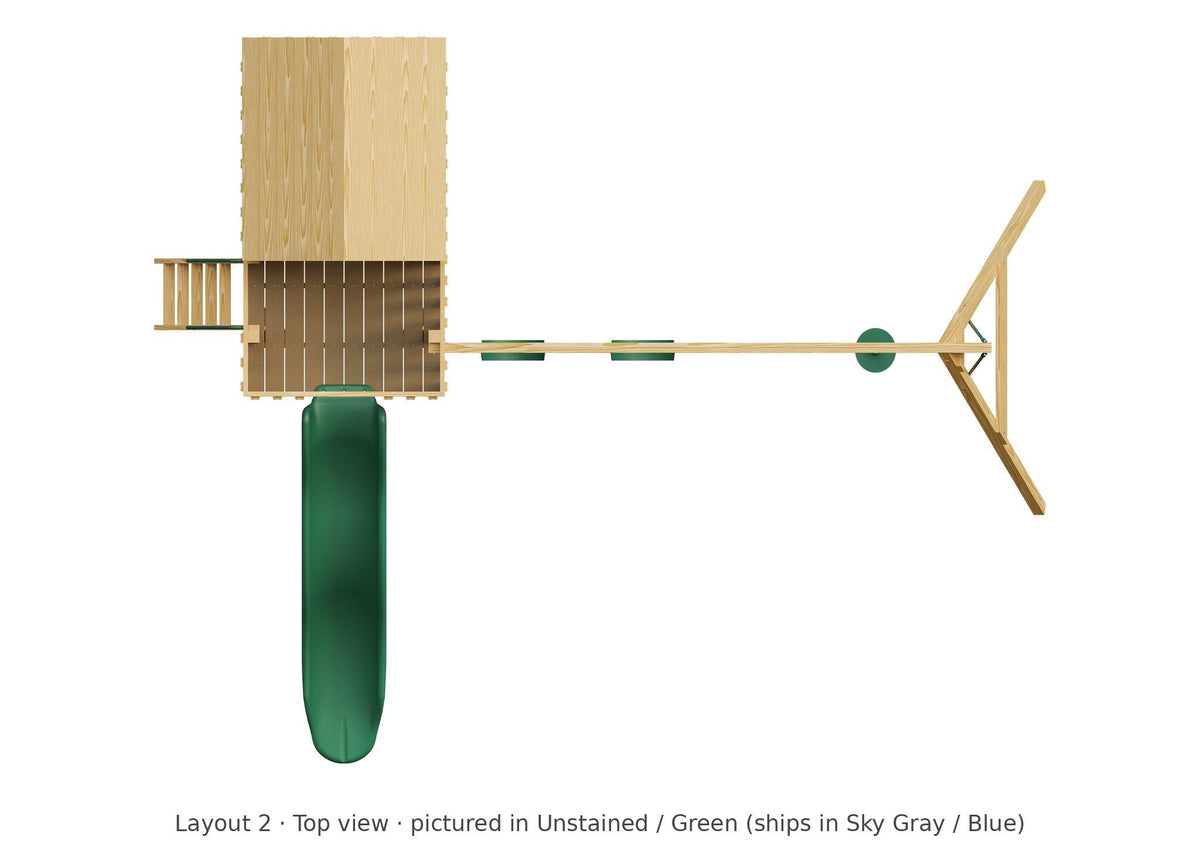 Amish Tree House Wooden Swing Set & Playset Kit – Layout 2, top view (shown in Unstained with Green accents)