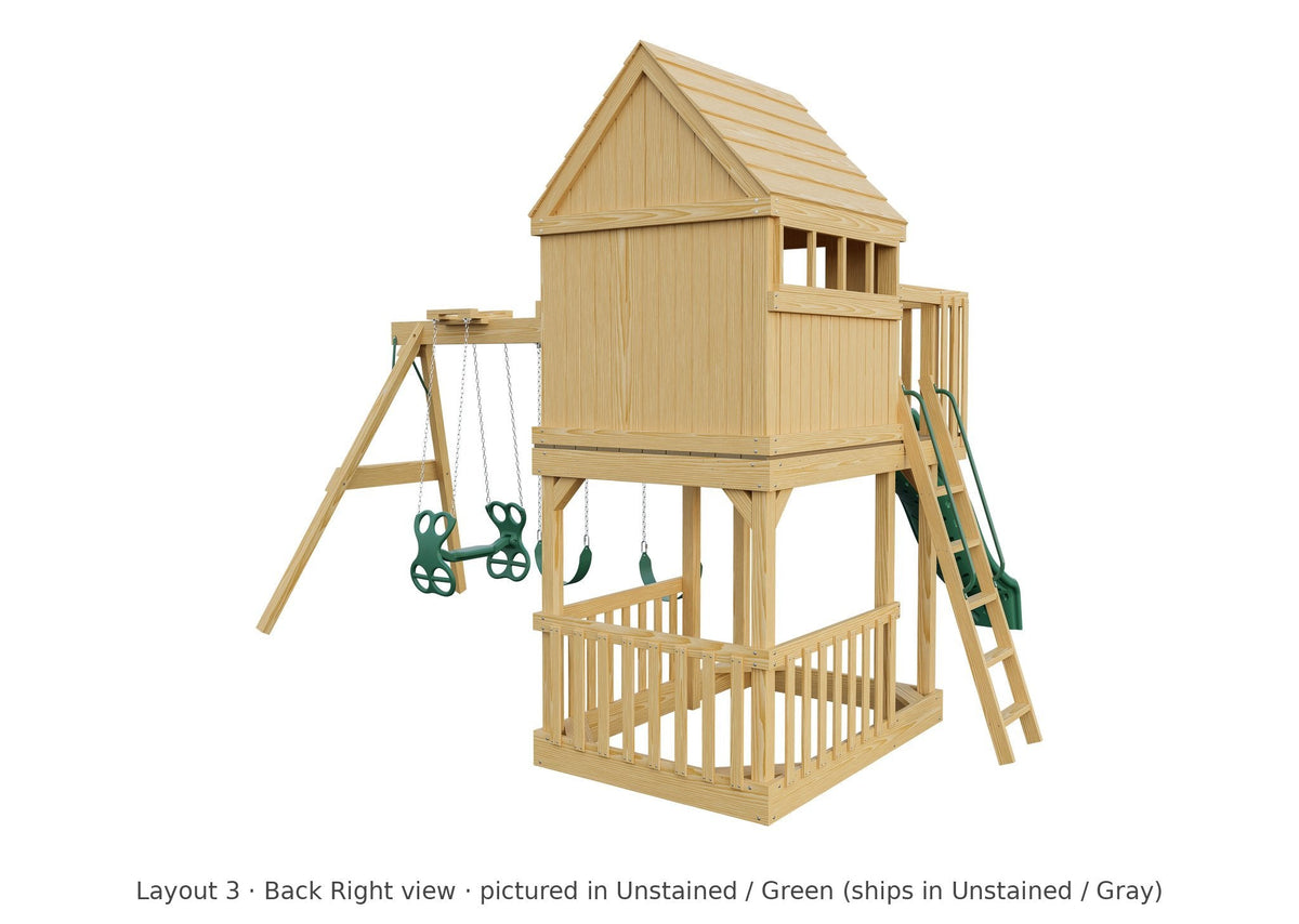 Amish Tree House Wooden Swing Set & Playset Kit – Layout 3, back right view (shown in Unstained with Green accents)