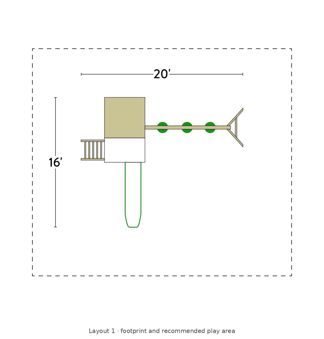 Amish Tree House Wooden Swing Set & Playset Kit – Layout 1 footprint and recommended play area diagram