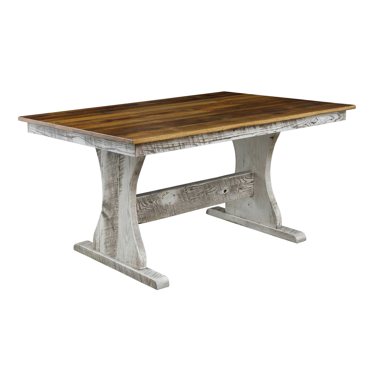 Reclaimed wood trestle farm dining table with a honey plank top and weathered white pedestal legs on a white background