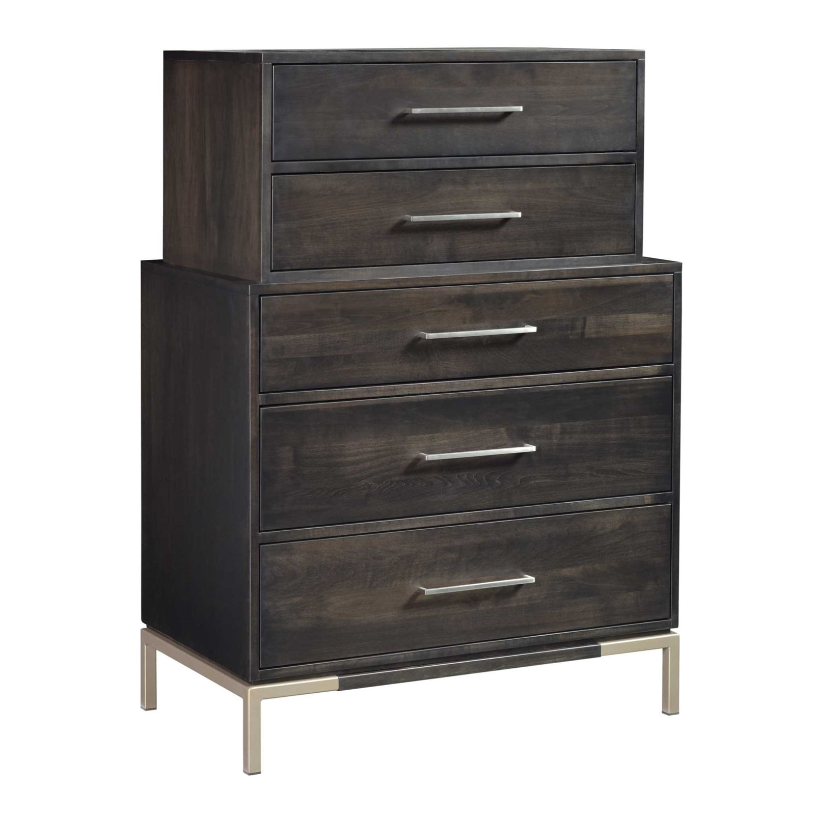 Stacked-look five-drawer chest in dark wood with silver bar pulls and candles on top beside a matching dresser
