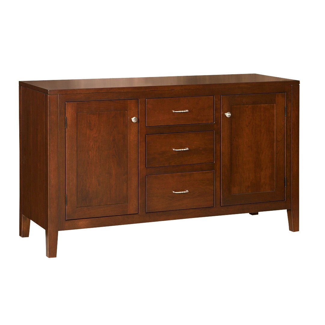 Cherry dining sideboard buffet with two paneled doors flanking three center drawers, nickel pulls and tapered legs