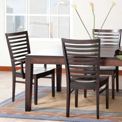 Espresso ladder back dining chairs with wide horizontal slats and wood seats around a dark table by a city window