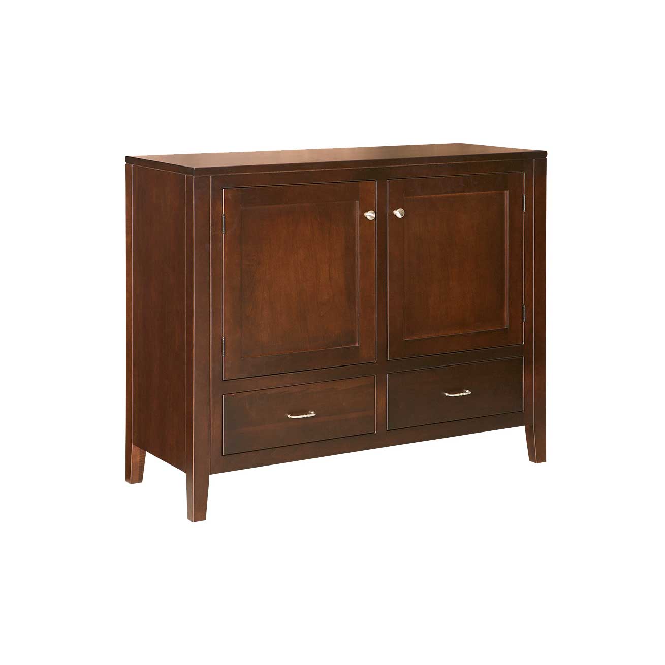 Solid brown maple sideboard buffet with two raised-panel doors over two drawers, brushed nickel hardware and tapered legs in a dark coffee finish