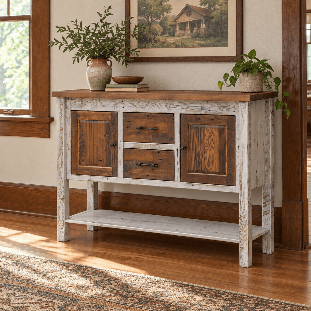Amish Uptown Reclaimed Wood Dining Sideboard shown in the dining room of a craftsman bungalow home