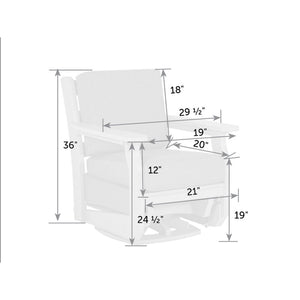 Dimension diagram of the swivel glider: 29.5 inches wide, 36 inches tall, 21 inch seat width, 19 inch seat height