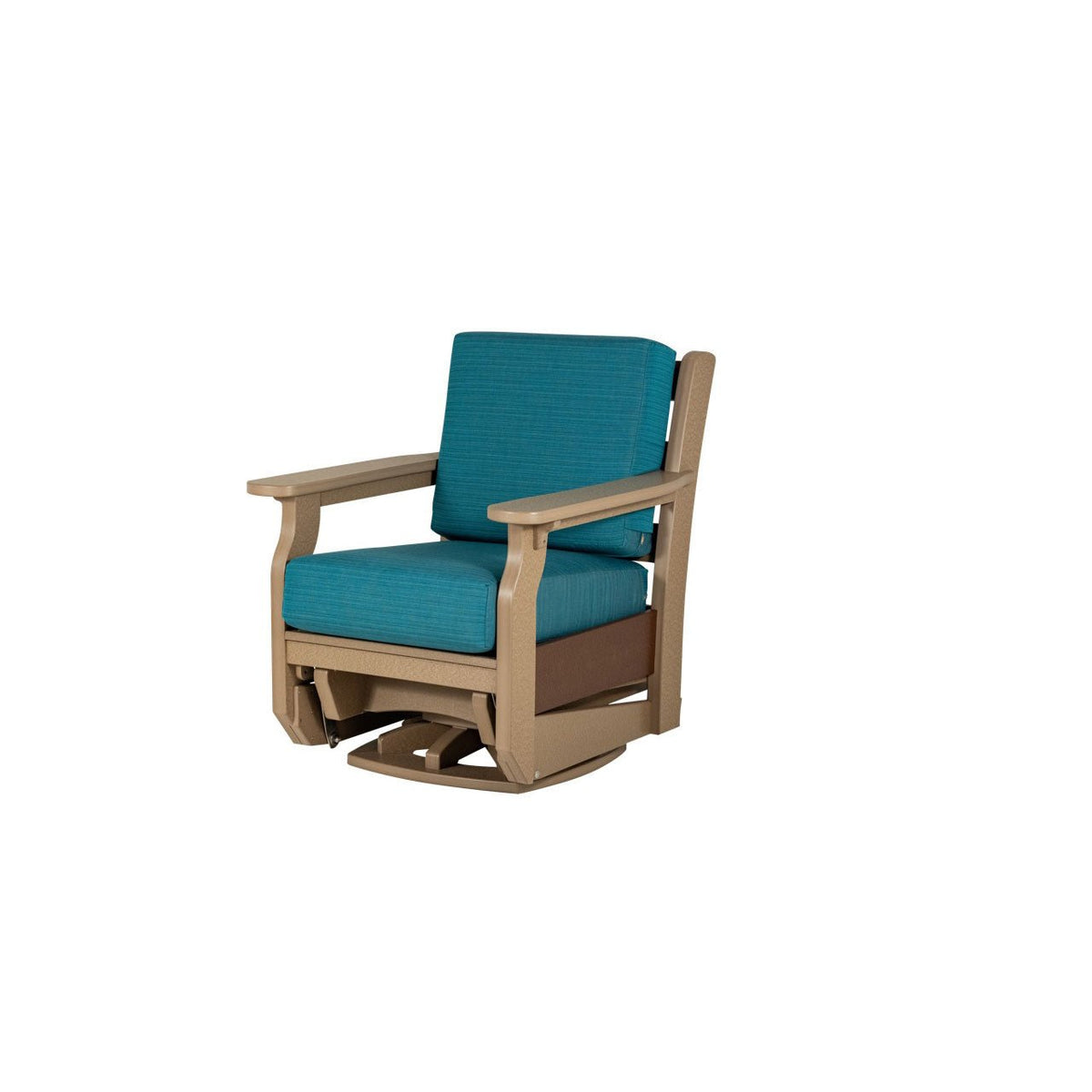 Weathered wood poly swivel glider armchair with teal cushions, brown accent panel and a round swivel base