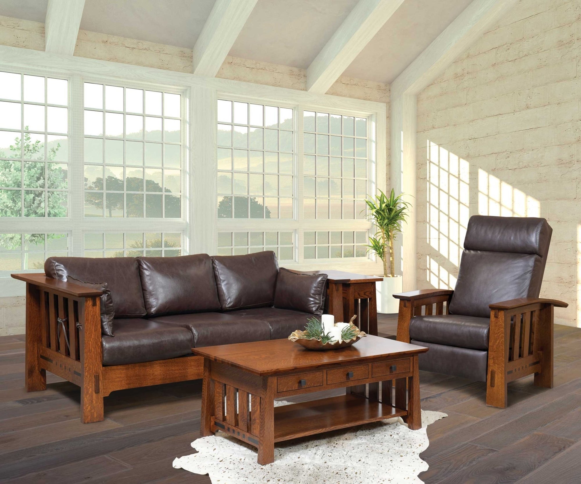 Amish Van Nuys Leather Morris Sofa & Table Living Room Set - snyders.furniture