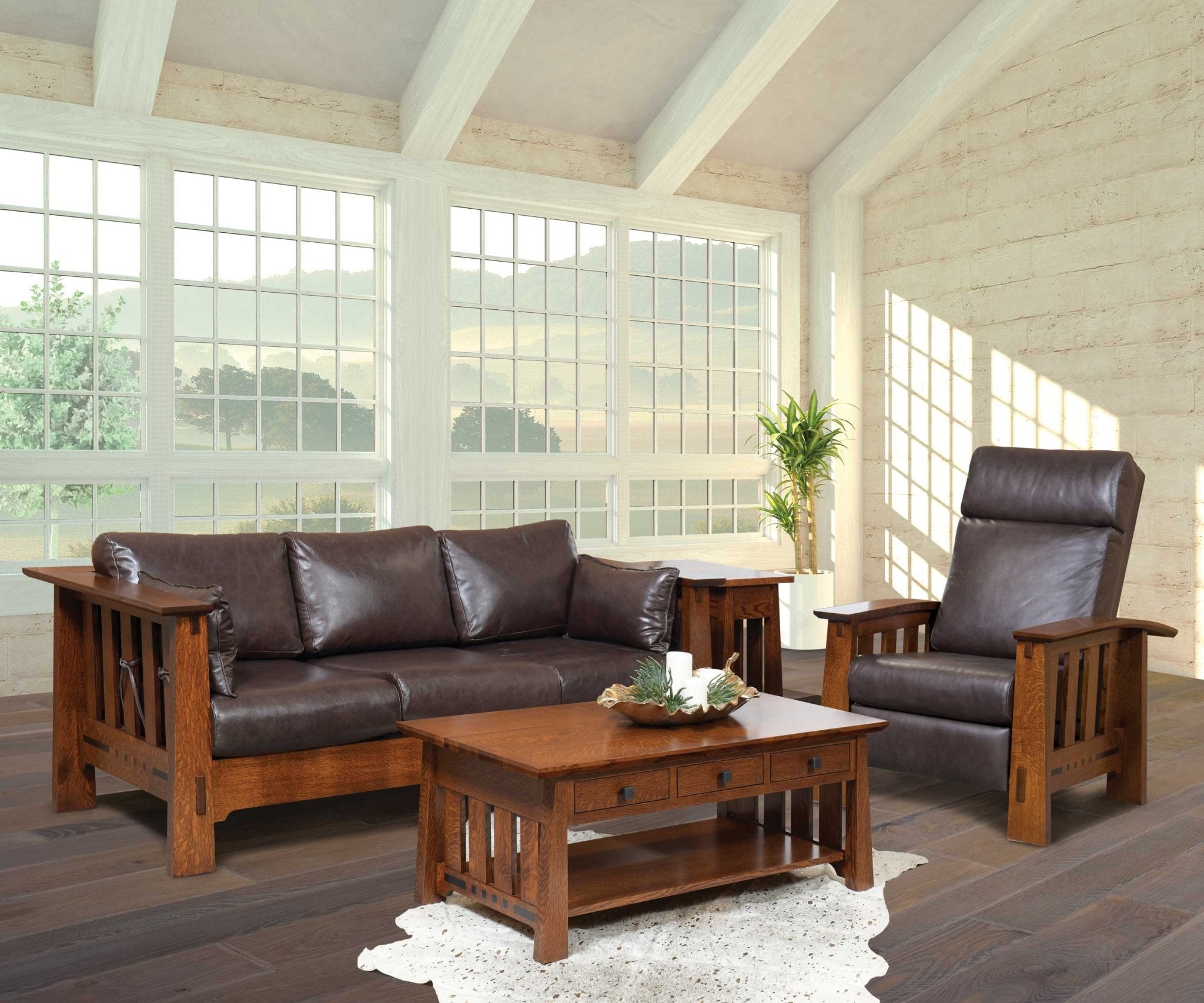 Sofa Set Table Amish Van Nuys Leather Morris Sofa & Table Living Room Set - snyders