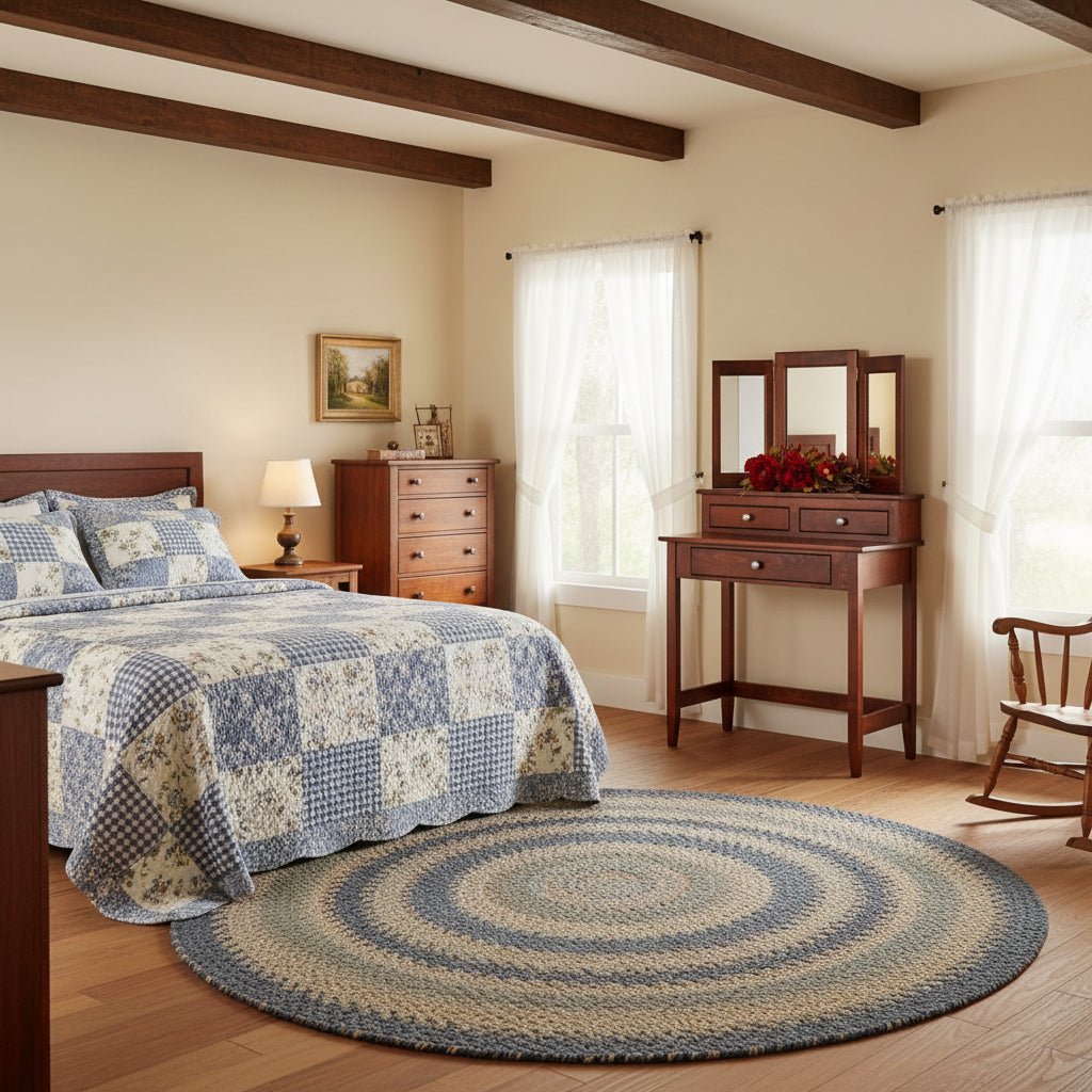 Cherry vanity table with three drawers and a tri-fold mirror, styled by a window in a beamed country bedroom