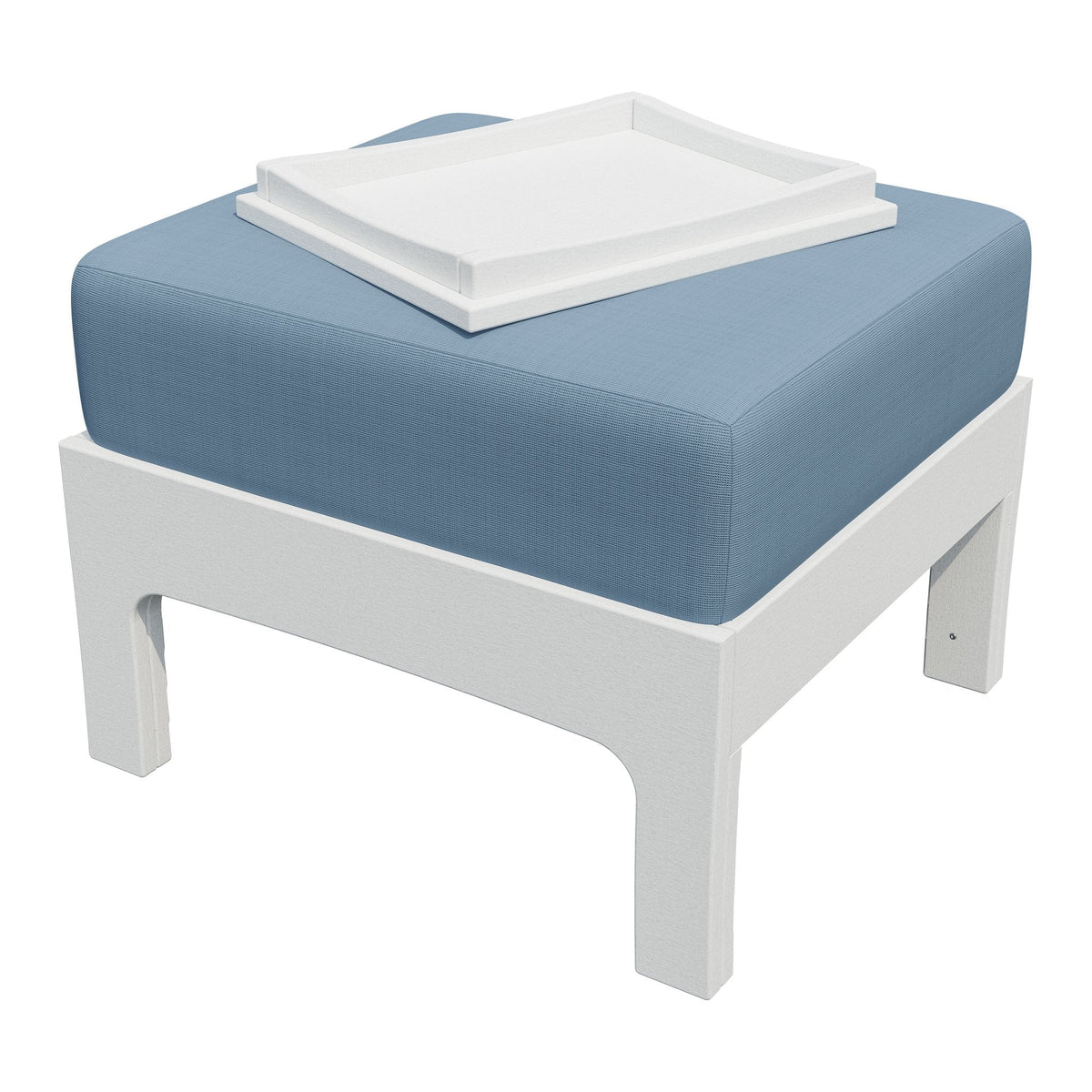 White poly ottoman with a slate blue cushion and coordinating white hideaway tray with raised sides