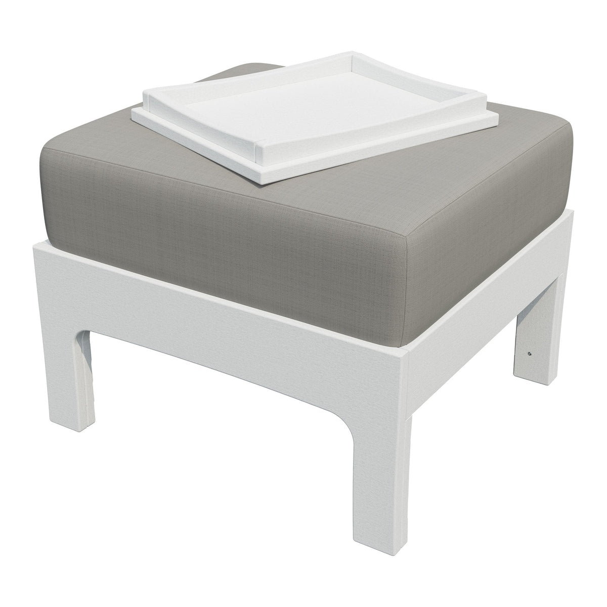 White poly ottoman with a taupe outdoor cushion and matching white serving tray, on a white background