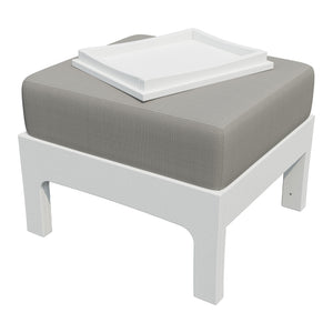 White poly ottoman with a taupe outdoor cushion and matching white serving tray, on a white background