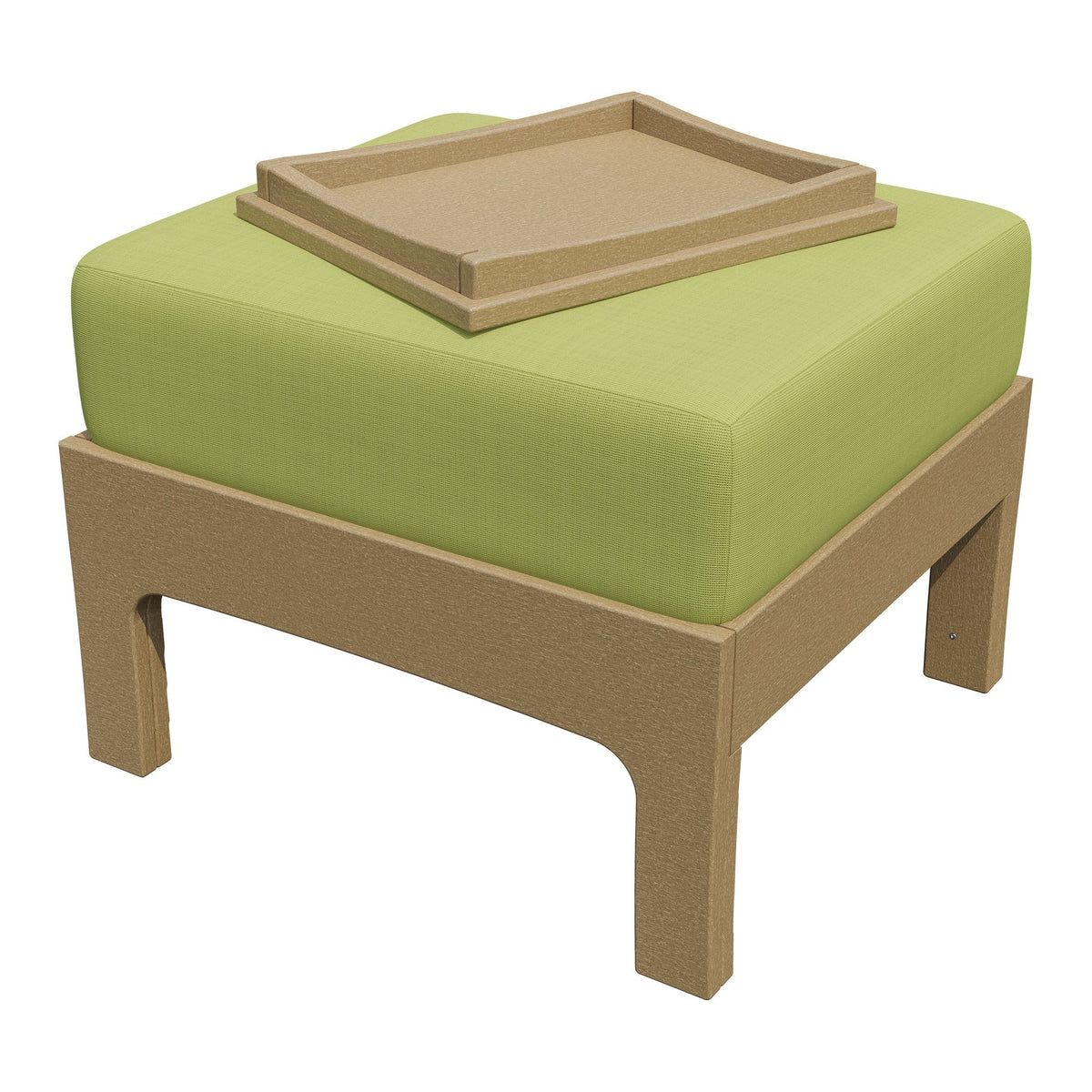 Tan poly patio ottoman topped with a lime green cushion and a matching square serving tray