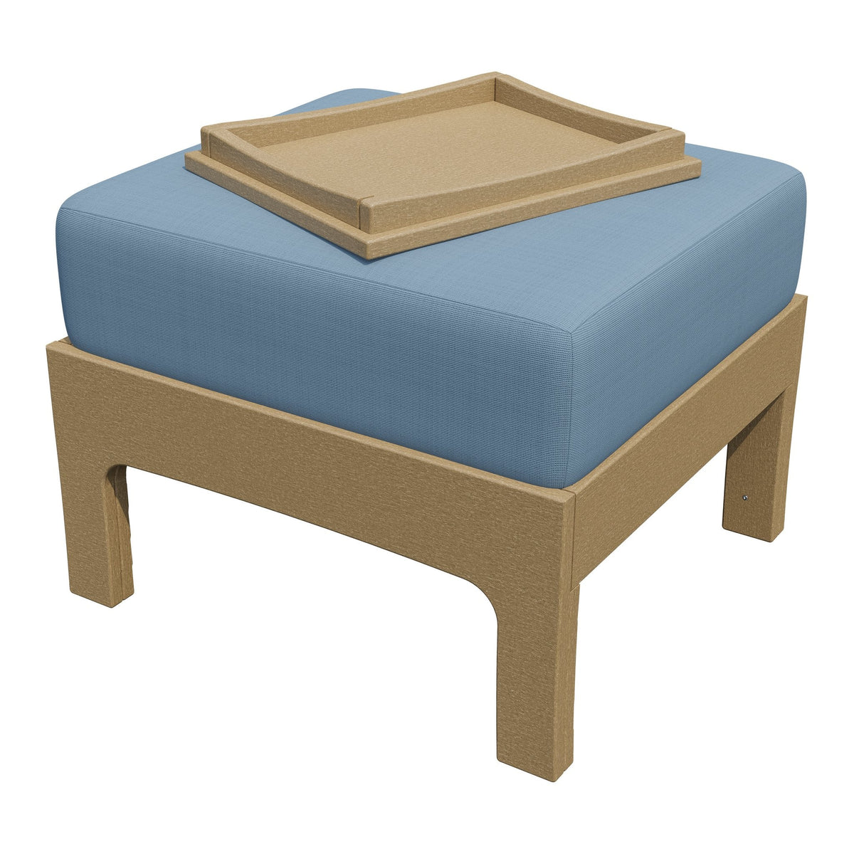 Weatherwood poly ottoman with a light blue cushion and coordinating tray, shown on a white background