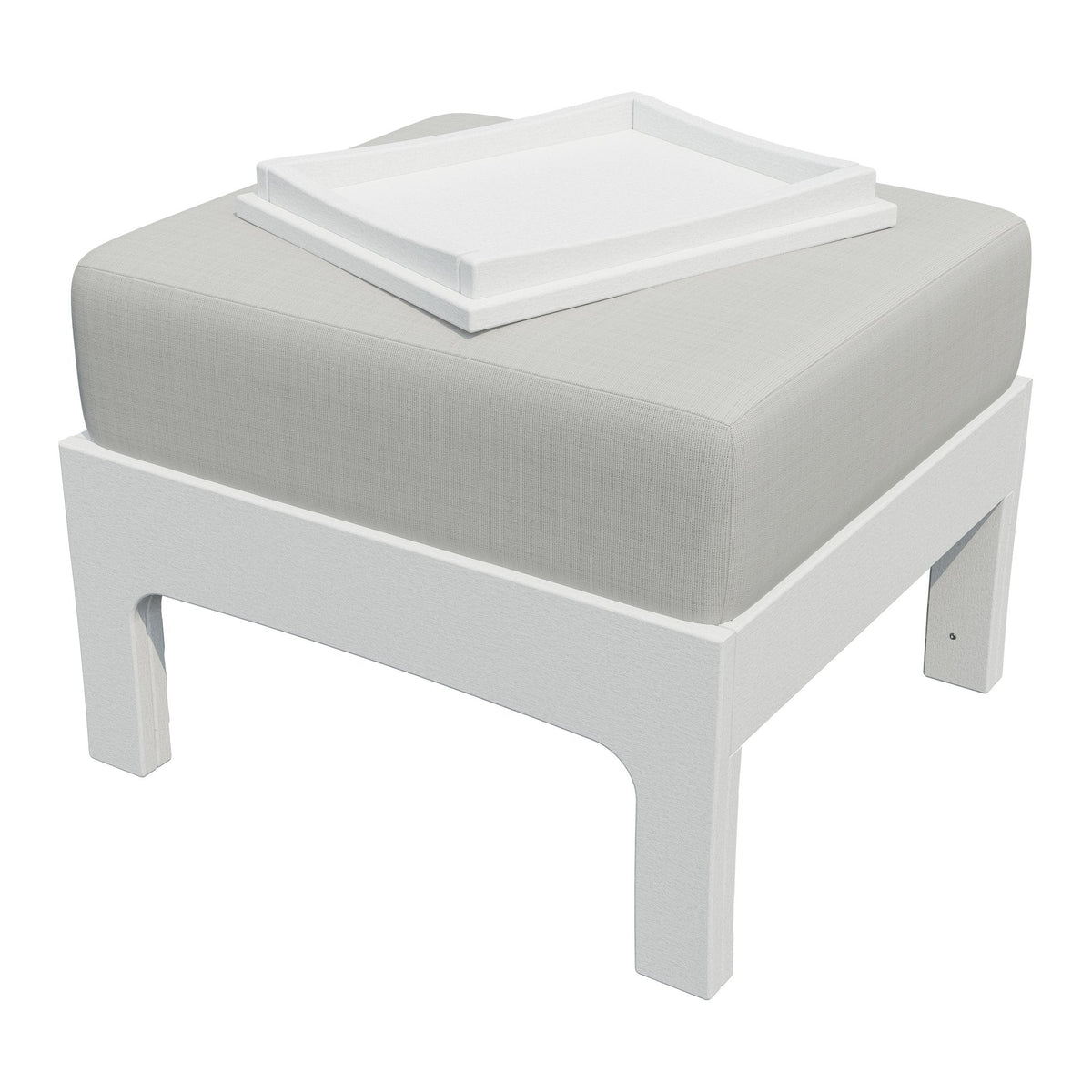 White poly patio ottoman with a light gray cushion and a white hideaway tray set on the seat