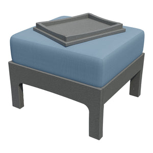 Gray framed poly ottoman topped with a blue outdoor cushion and a gray tray with a raised rim