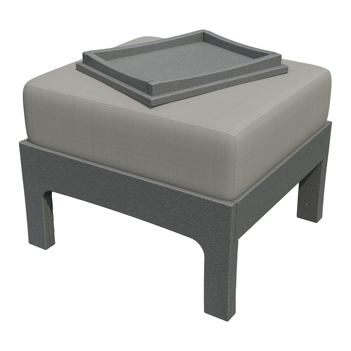 Gray poly ottoman with a taupe cushion and coordinating gray hideaway tray, shown on a white background