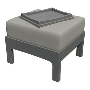 Gray poly ottoman with a taupe cushion and coordinating gray hideaway tray, shown on a white background