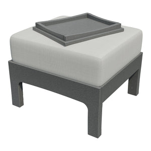 Dark gray poly patio ottoman with a white outdoor cushion and matching gray tray resting on top