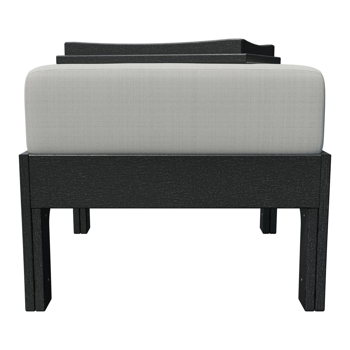 Front view of the black poly patio ottoman with gray cushion and hideaway tray tucked behind the cushion